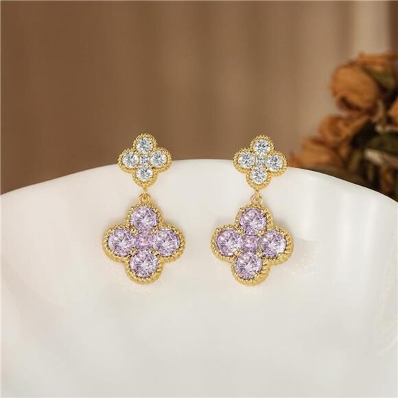 June Birthstone Alexandrite Clover Earrings | 14K Gold Plated Dangle Studs - Picture 5 of 5